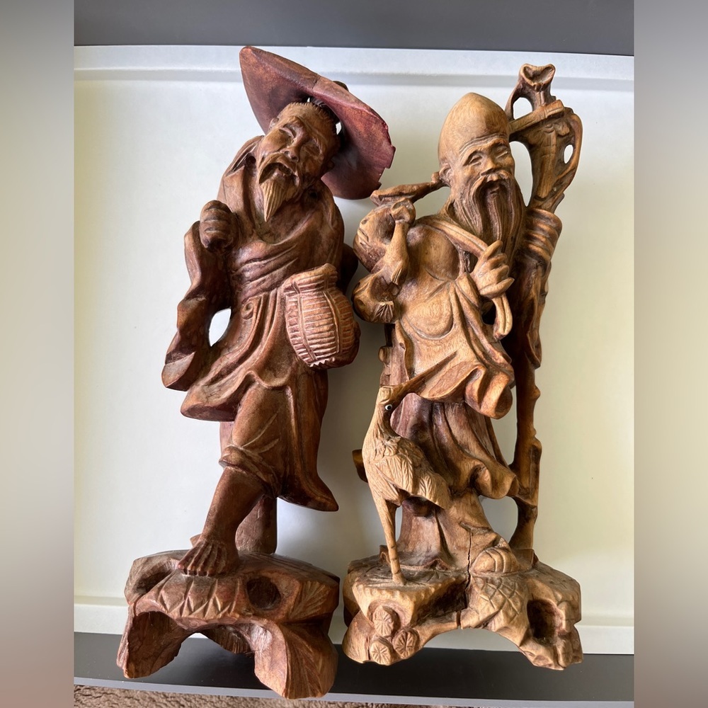 Antique Chinese Wood Carving, 2 Wise Men with Basket and Staff and Hat, Bird